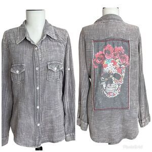 JAK Scull Gauzy Button up Shirt Womens L Gray Top Whimsigoth Grunge Goth Skater